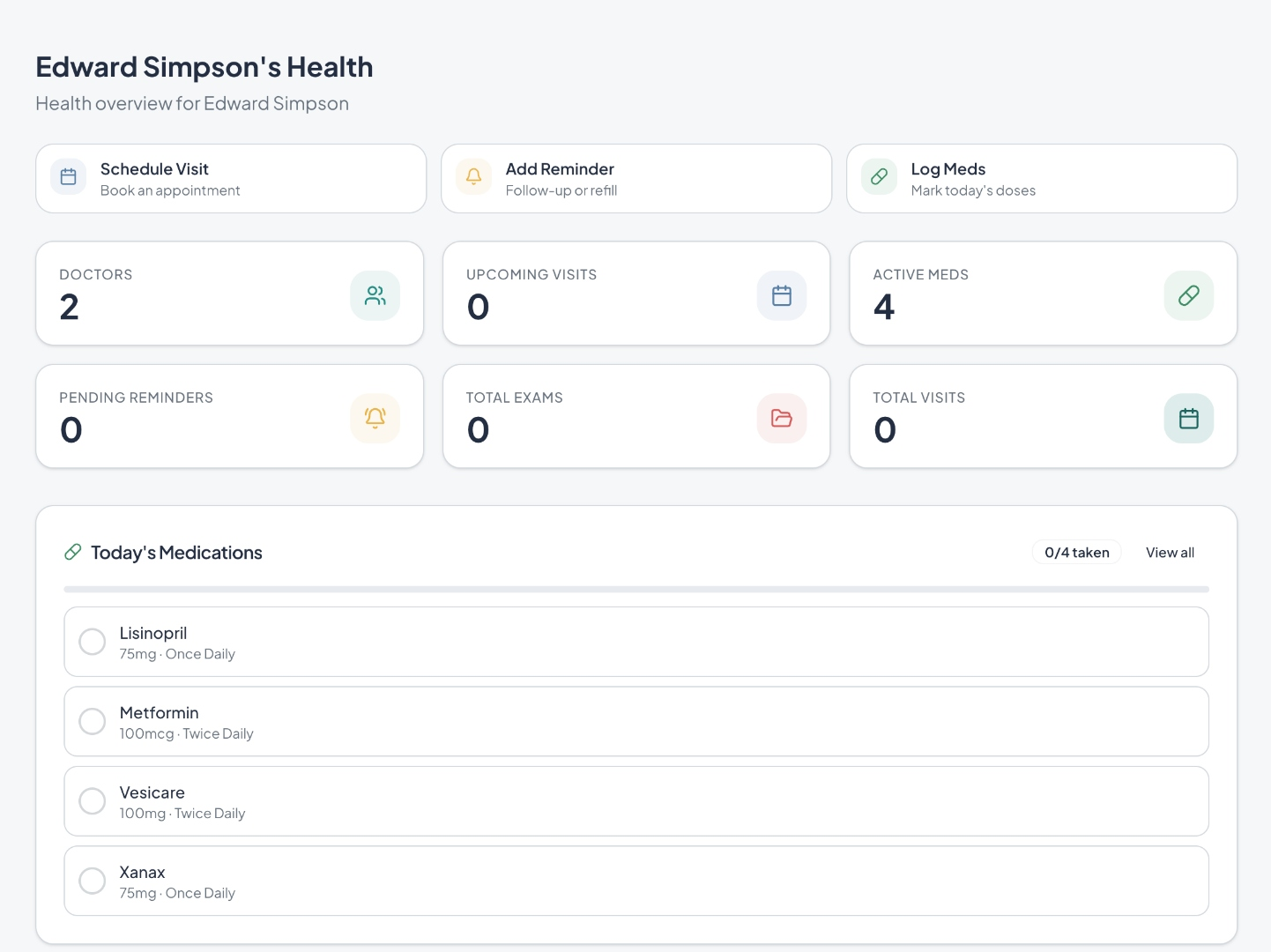 Personal dashboard with quick actions and stat tiles for doctors, visits, active medications, and today's medication list
